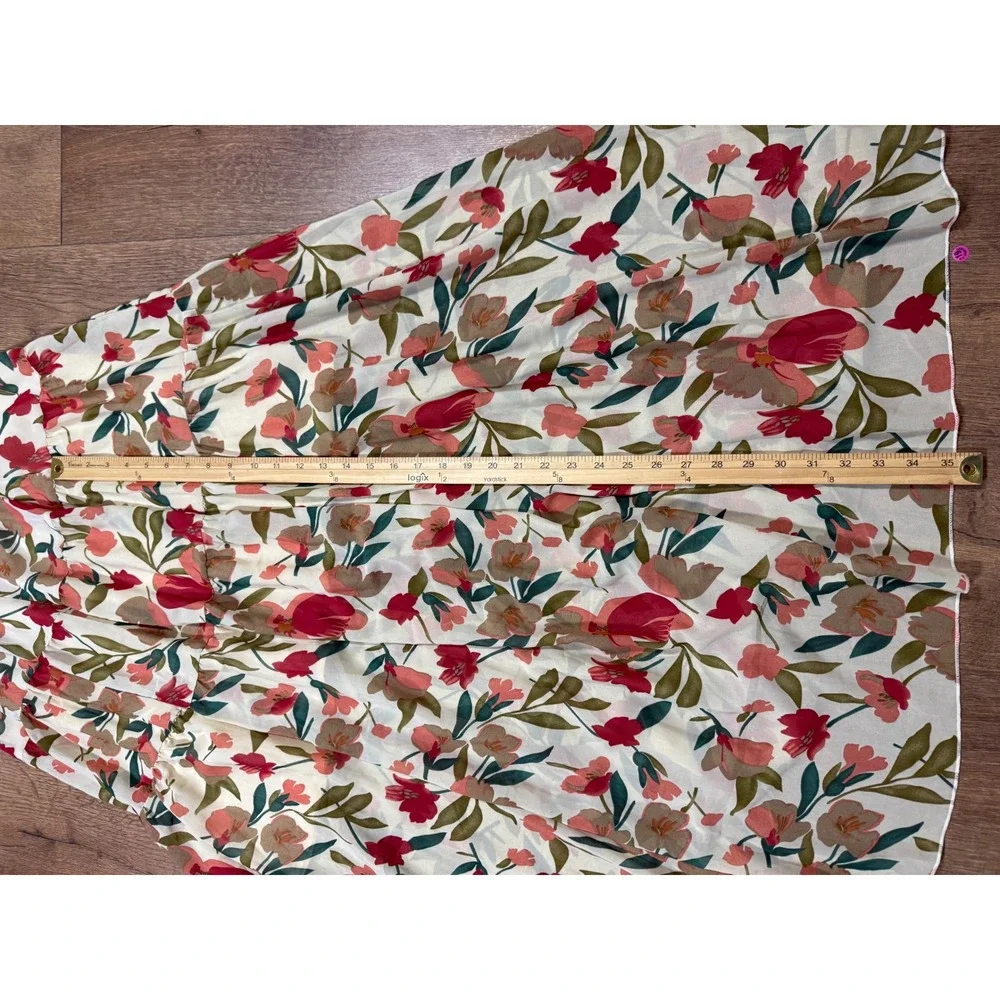 Floral Chiffon Tiered Maxi Dress Long Sleeve Ruffle V-Neck Cream Red Large